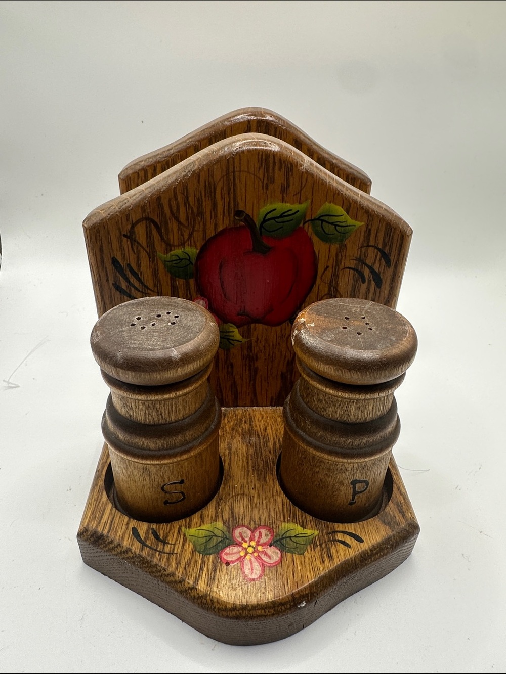 Hand-Painted Wooden Salt and Pepper Shaker Set with Holder - Red Apple Design
